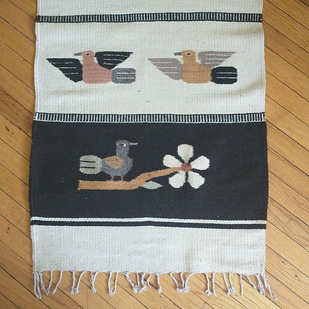 Vtg Zapotec Mexican Tapestry Wall Hanging Birds Wool Hand Woven Southwest 26x59" - Picture 2 of 12